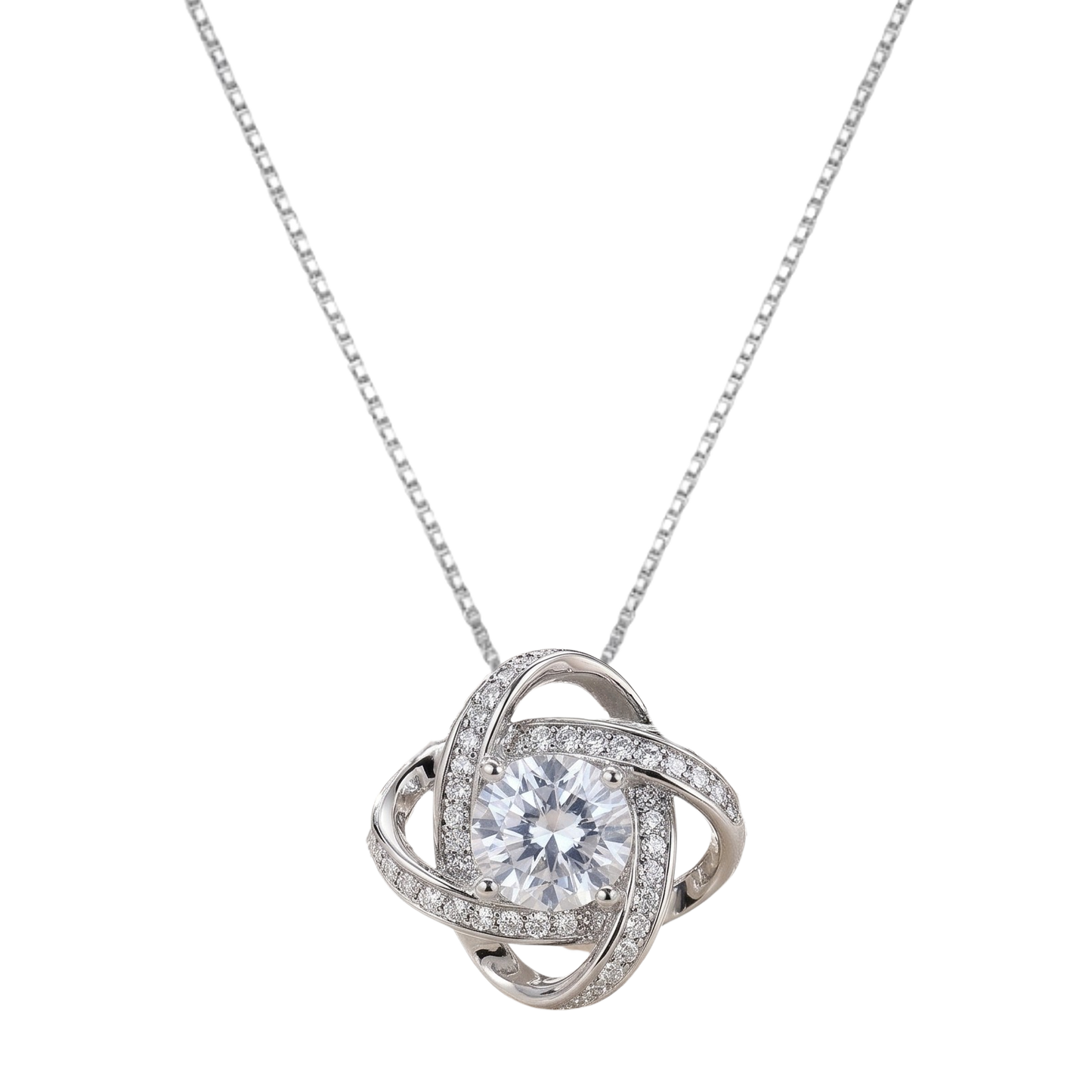 Close-up detail of Ariel sterling silver necklace showing the intricate rhodium plated pendant design and sparkling zircon centerpiece.