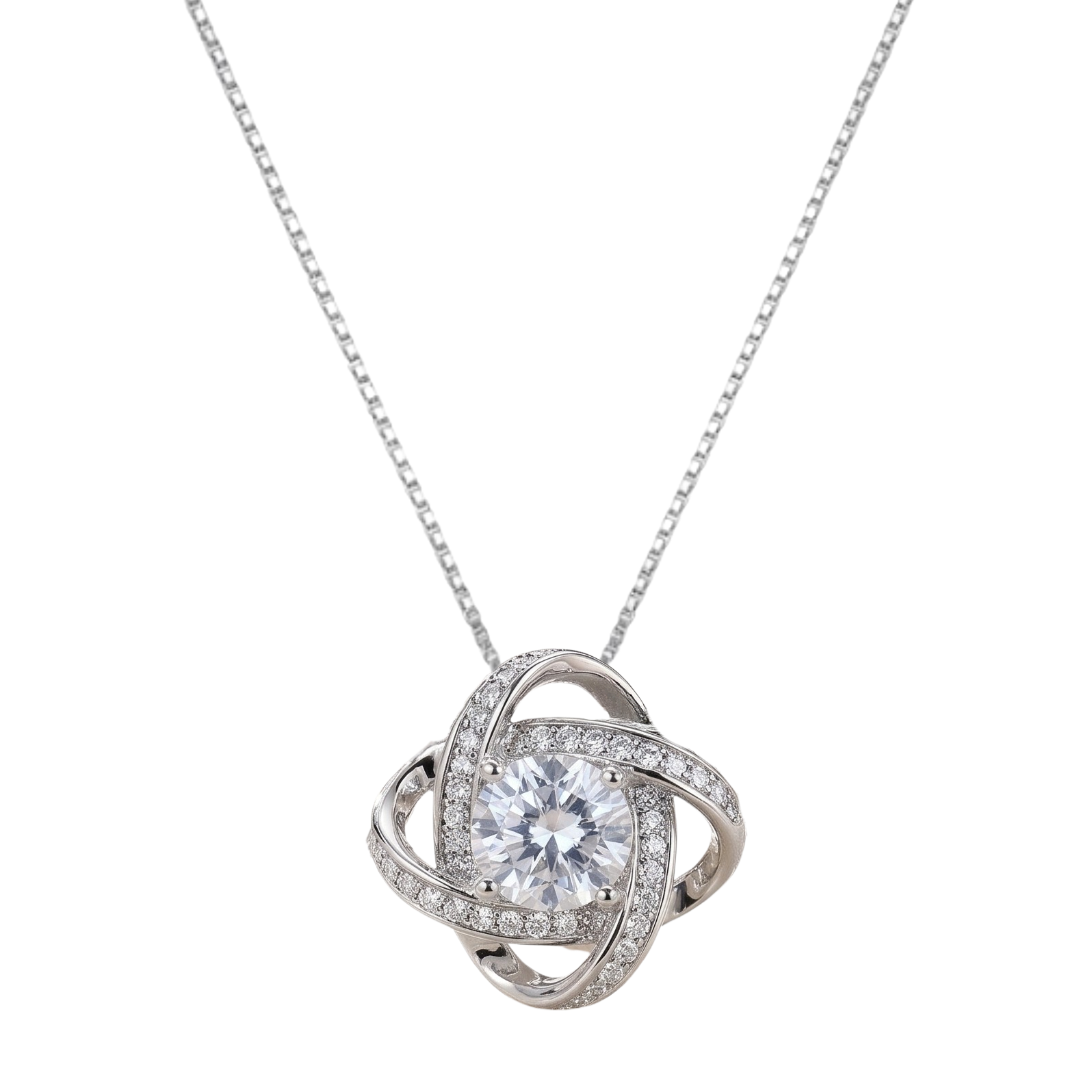 Close-up detail of Ariel sterling silver necklace showing the intricate rhodium plated pendant design and sparkling zircon centerpiece.
