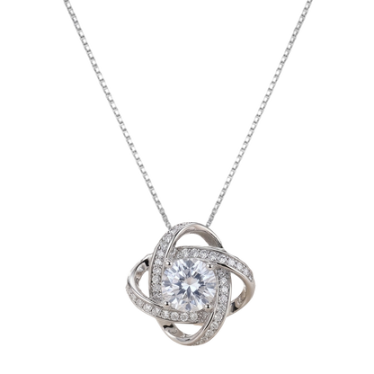Close-up detail of Ariel sterling silver necklace showing the intricate rhodium plated pendant design and sparkling zircon centerpiece.