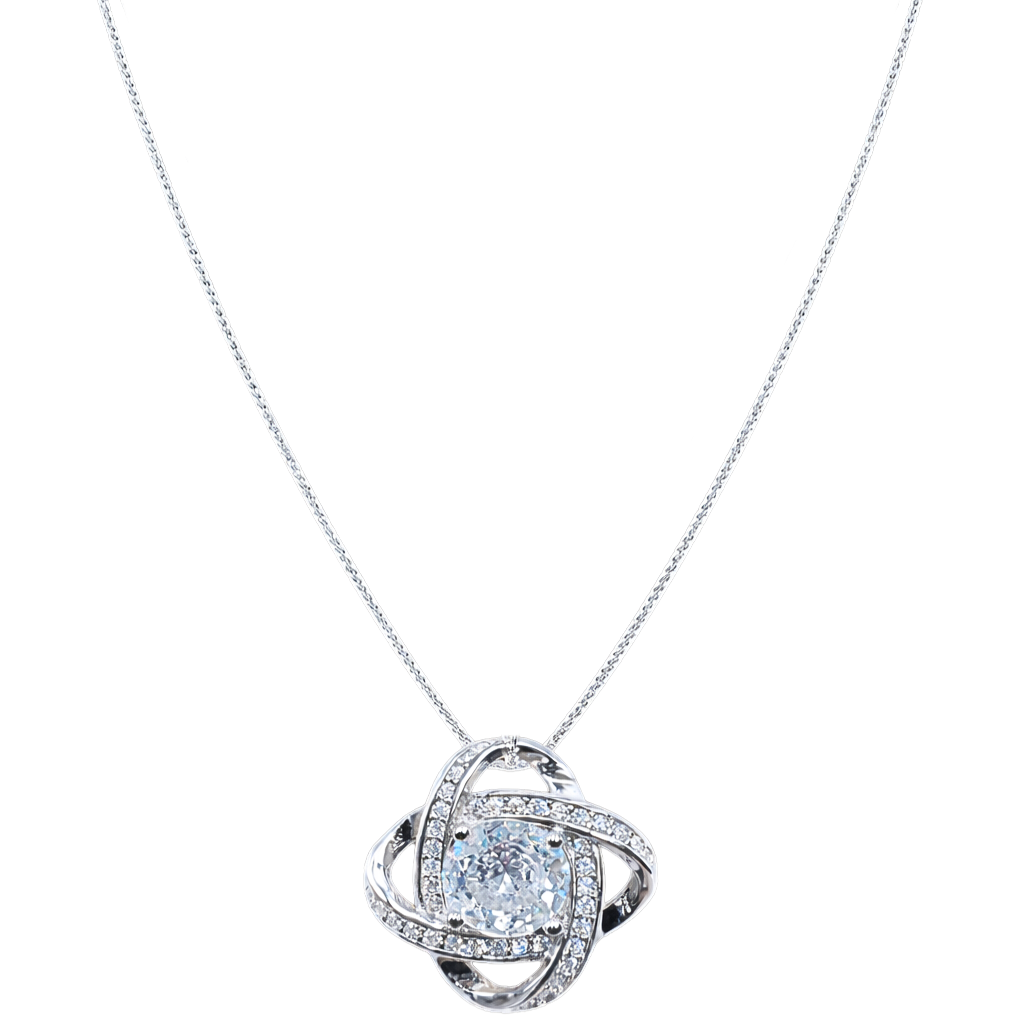 Front view of Ariel sterling silver necklace featuring a rhodium plated S925 silver pendant with brilliant zircon stone, elegant modern silver jewelry design.