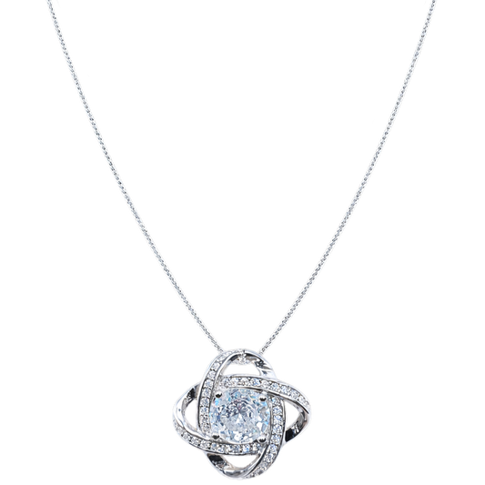 Front view of Ariel sterling silver necklace featuring a rhodium plated S925 silver pendant with brilliant zircon stone, elegant modern silver jewelry design.