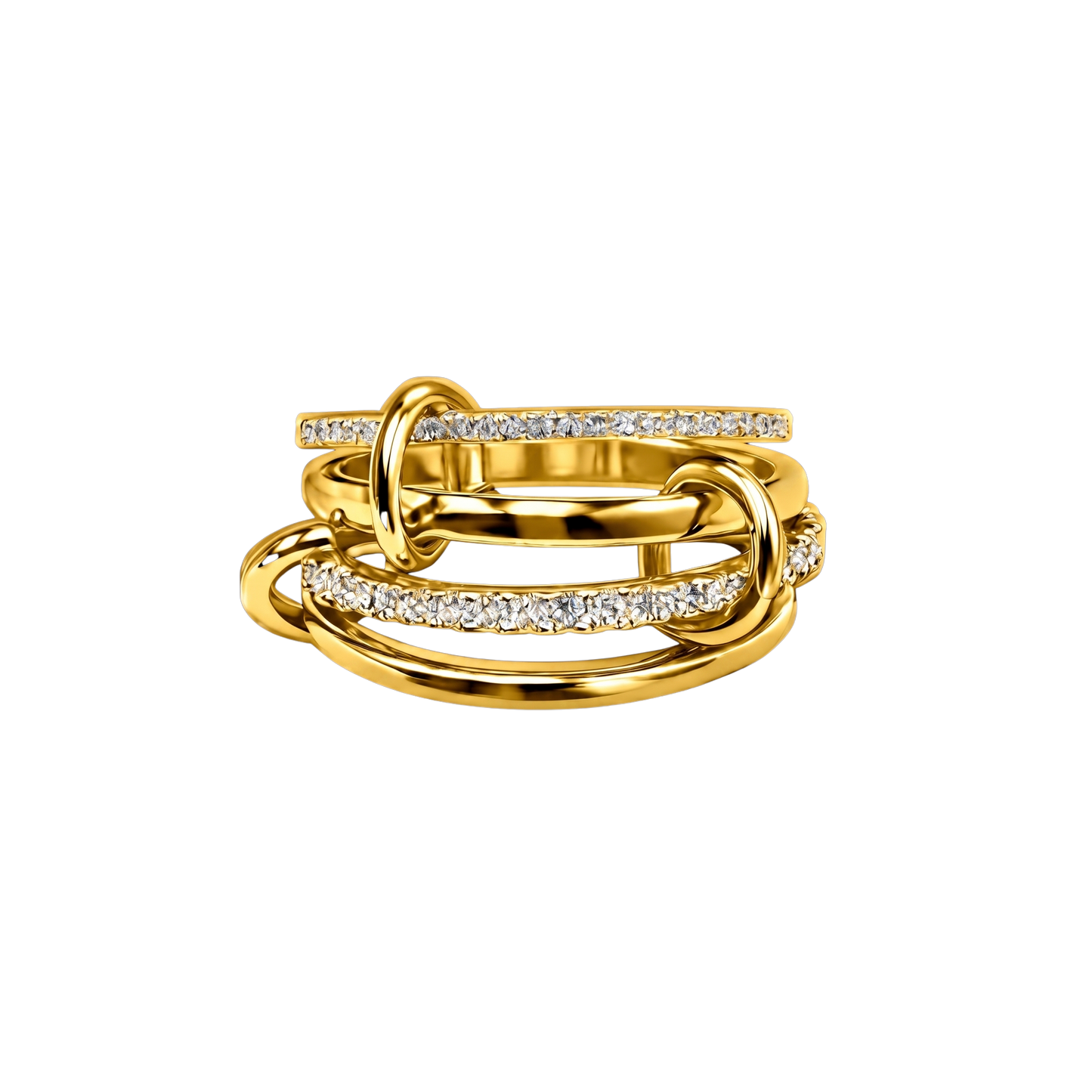 Gold ring with interlocking design on a white background