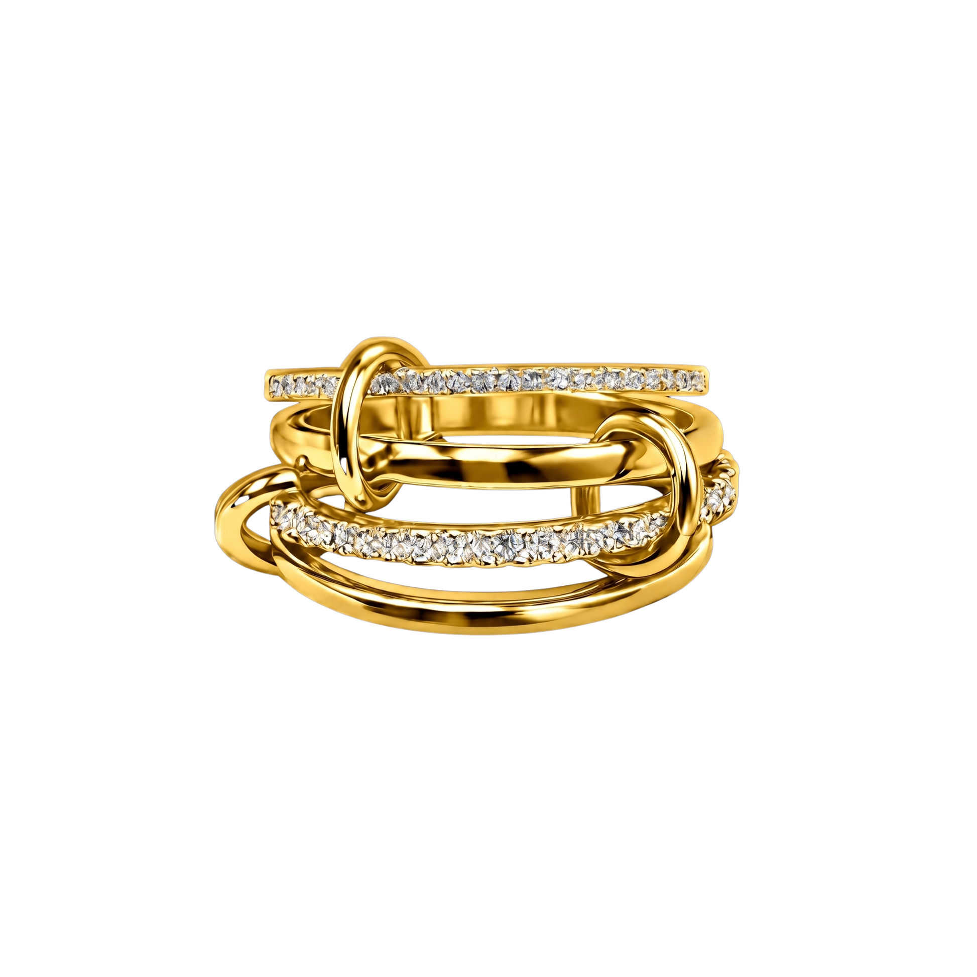 Gold ring with interlocking design on a white background