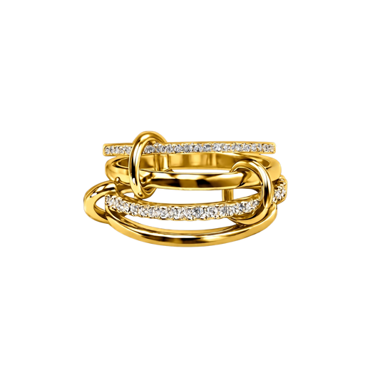 Gold ring with interlocking design on a white background