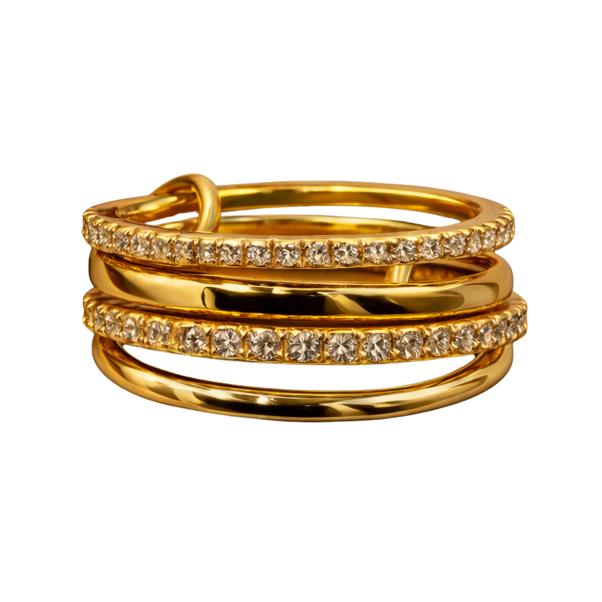 Ashley 18K gold plated wrap band ring with zircon pavé detailing – front view.