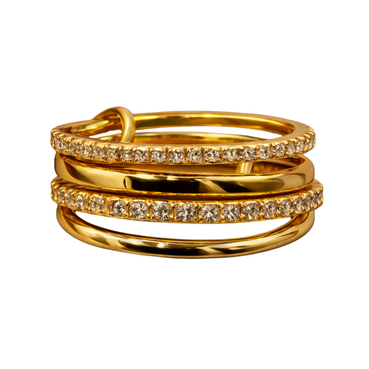 Ashley 18K gold plated wrap band ring with zircon pavé detailing – front view.