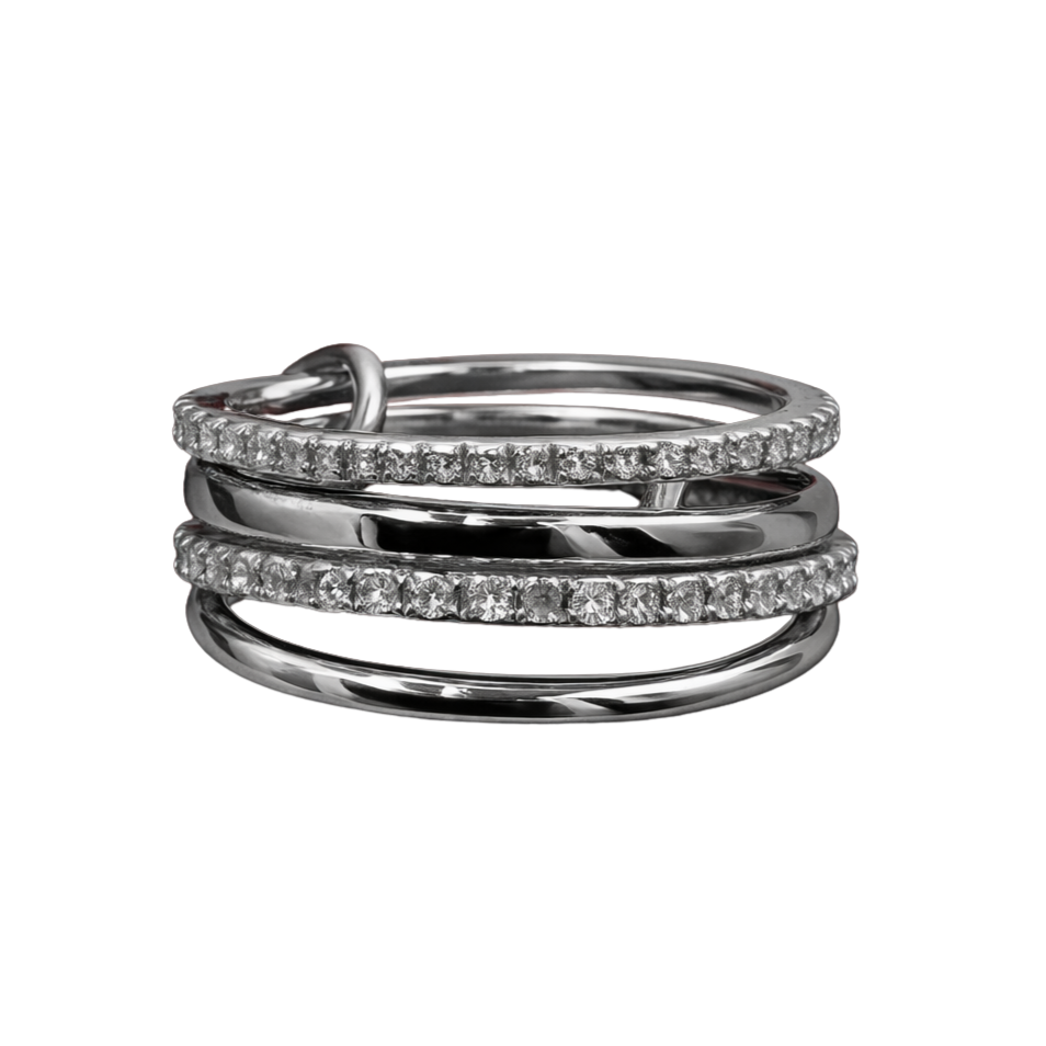 Ashley sterling silver intertwined pavé band ring in rhodium plated finish – front angle close-up.
