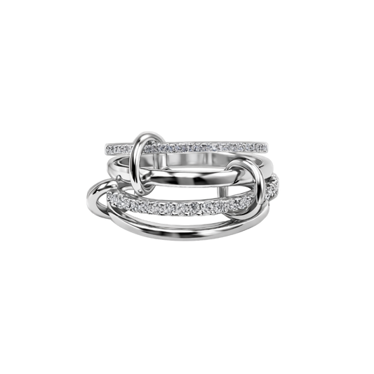 Ashley sterling silver intertwined pavé band ring in rhodium plated finish – front angle close-up.
