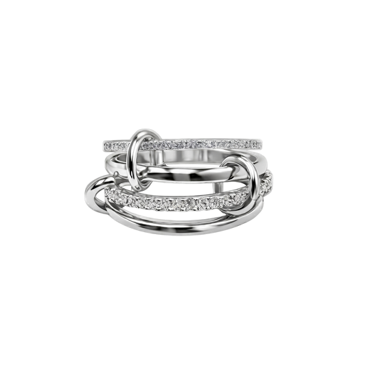 Ashley sterling silver intertwined pavé band ring in rhodium plated finish – front angle close-up.