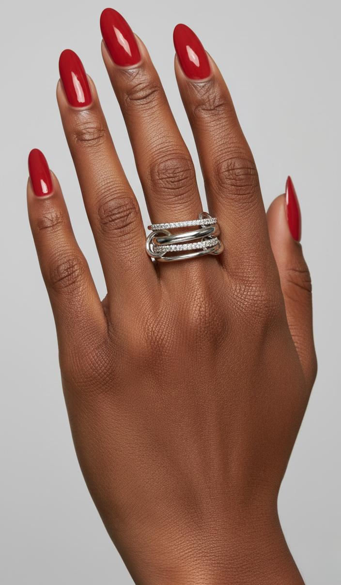 Ashley pavé sterling silver ring styled as a stackable minimalist statement piece.