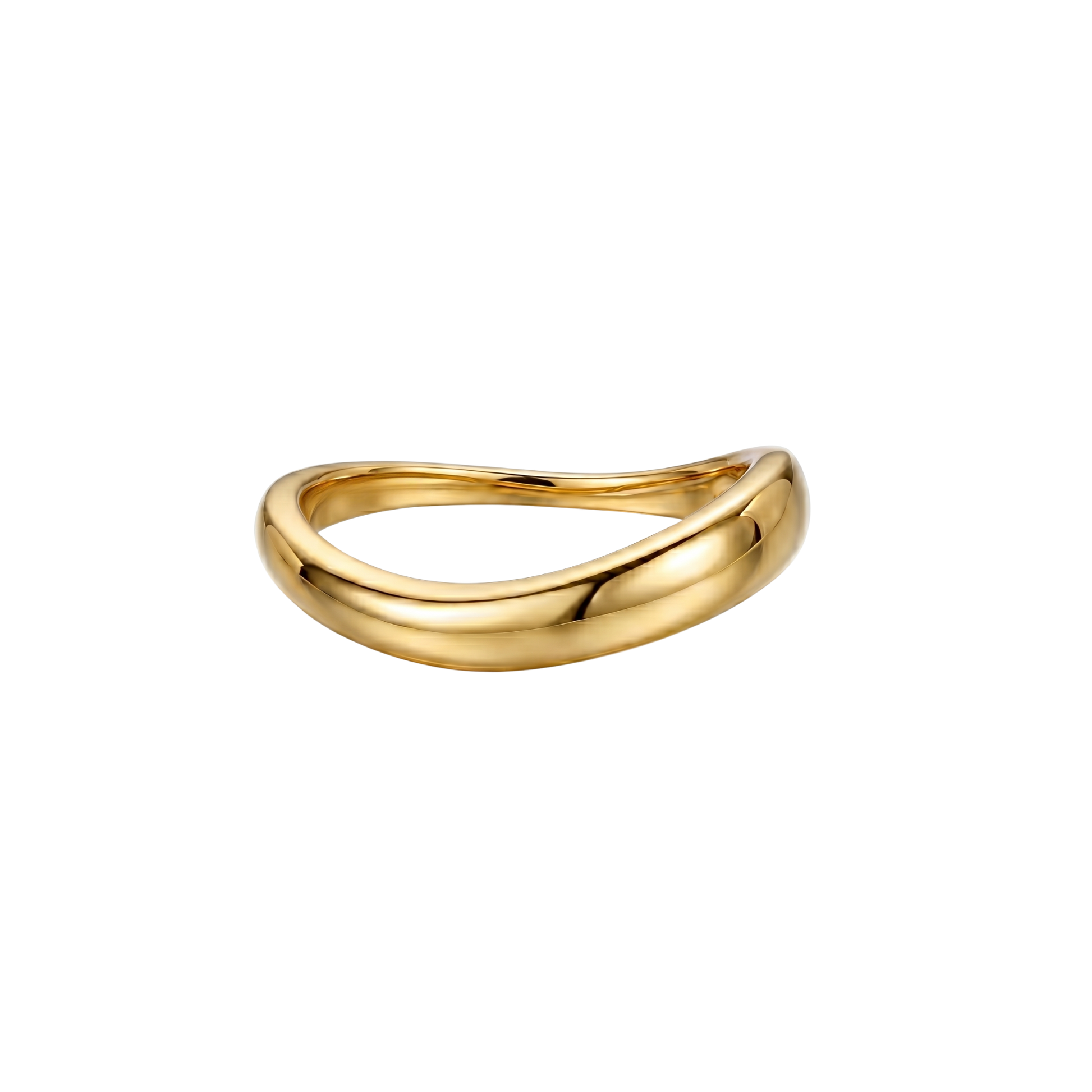 Front angle of Aya Fluid Wave Ring highlighting its smooth, flowing wave design and polished 18K gold plated finish.
