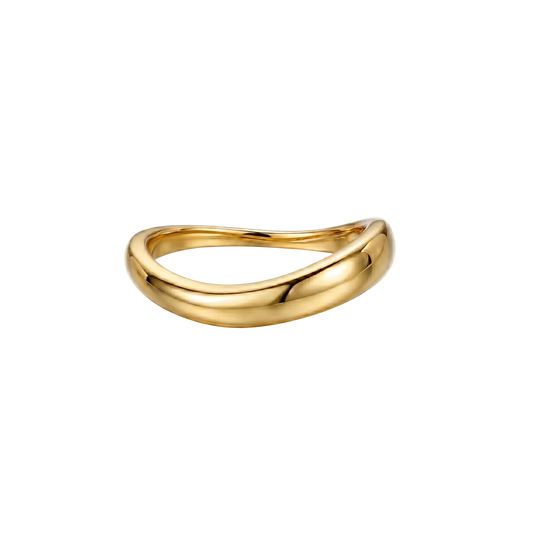 Front angle of Aya Fluid Wave Ring highlighting its smooth, flowing wave design and polished 18K gold plated finish.