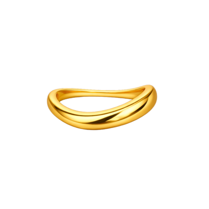 Front angle of Aya Fluid Wave Ring highlighting its smooth, flowing wave design and polished 18K gold plated finish.