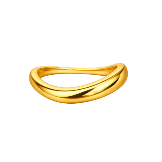 Front angle of Aya Fluid Wave Ring highlighting its smooth, flowing wave design and polished 18K gold plated finish.