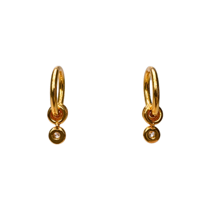 Pair view of Barbara fine jewelry hoop earrings, showcasing their polished gold finish, balanced proportions, and zircon detail.