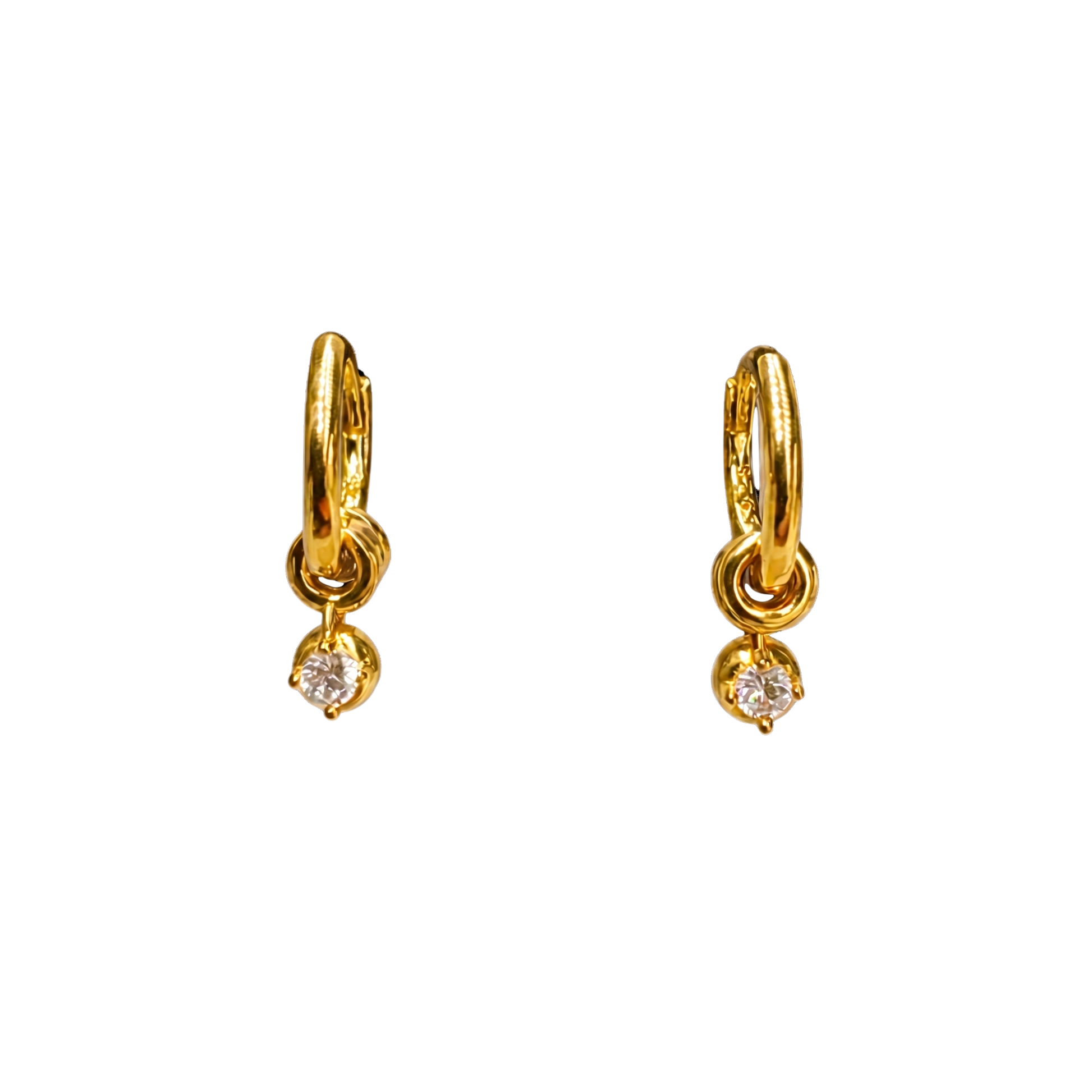Close-up of 18K gold plated sterling silver earrings, highlighting the sculpted hoop texture and sparkling zircon charm.