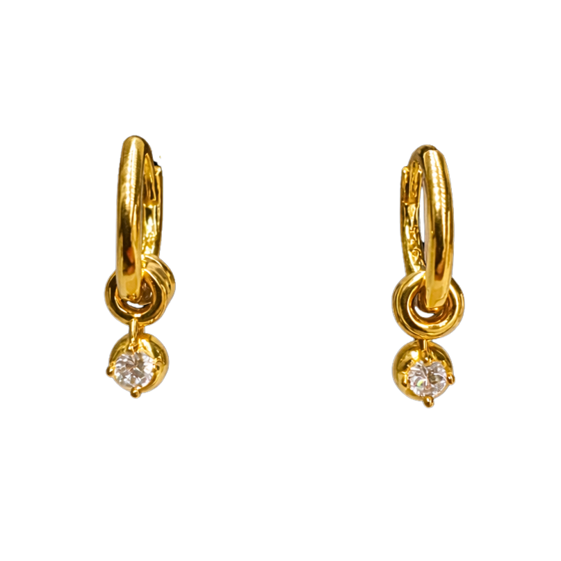 Close-up of 18K gold plated sterling silver earrings, highlighting the sculpted hoop texture and sparkling zircon charm.