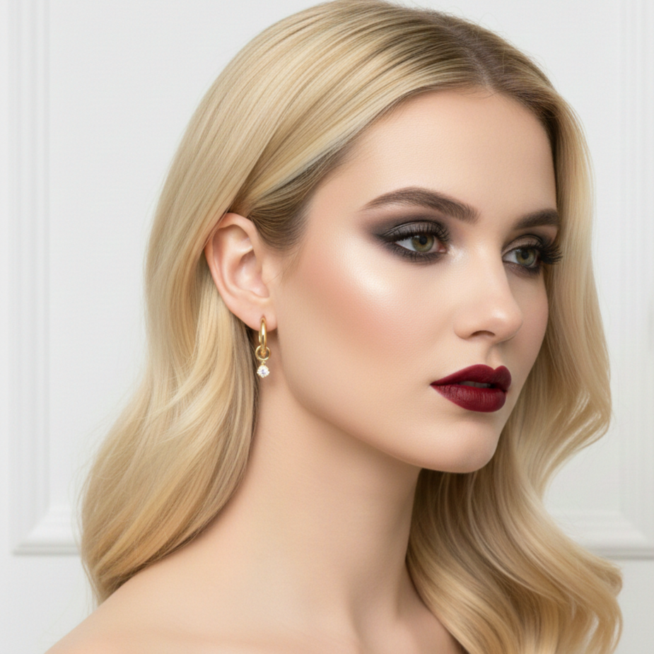 Detailed image of S925 sterling silver earrings with gold plating and zircon drop, emphasizing premium craftsmanship and minimalist fine jewelry style.