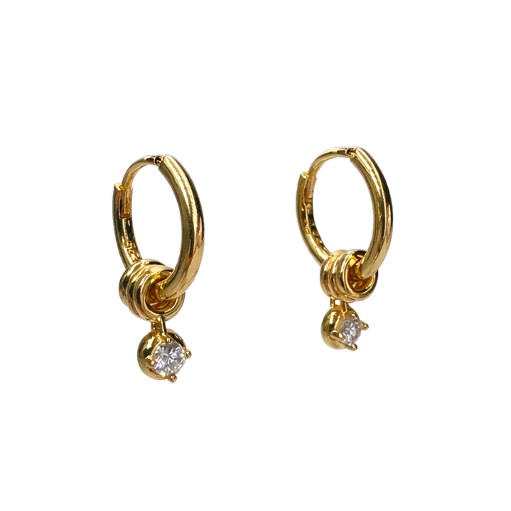 Front view of Barbara S925 sterling silver hoop earrings with 18K gold plated finish, featuring a knot detail and elegant zircon drop.