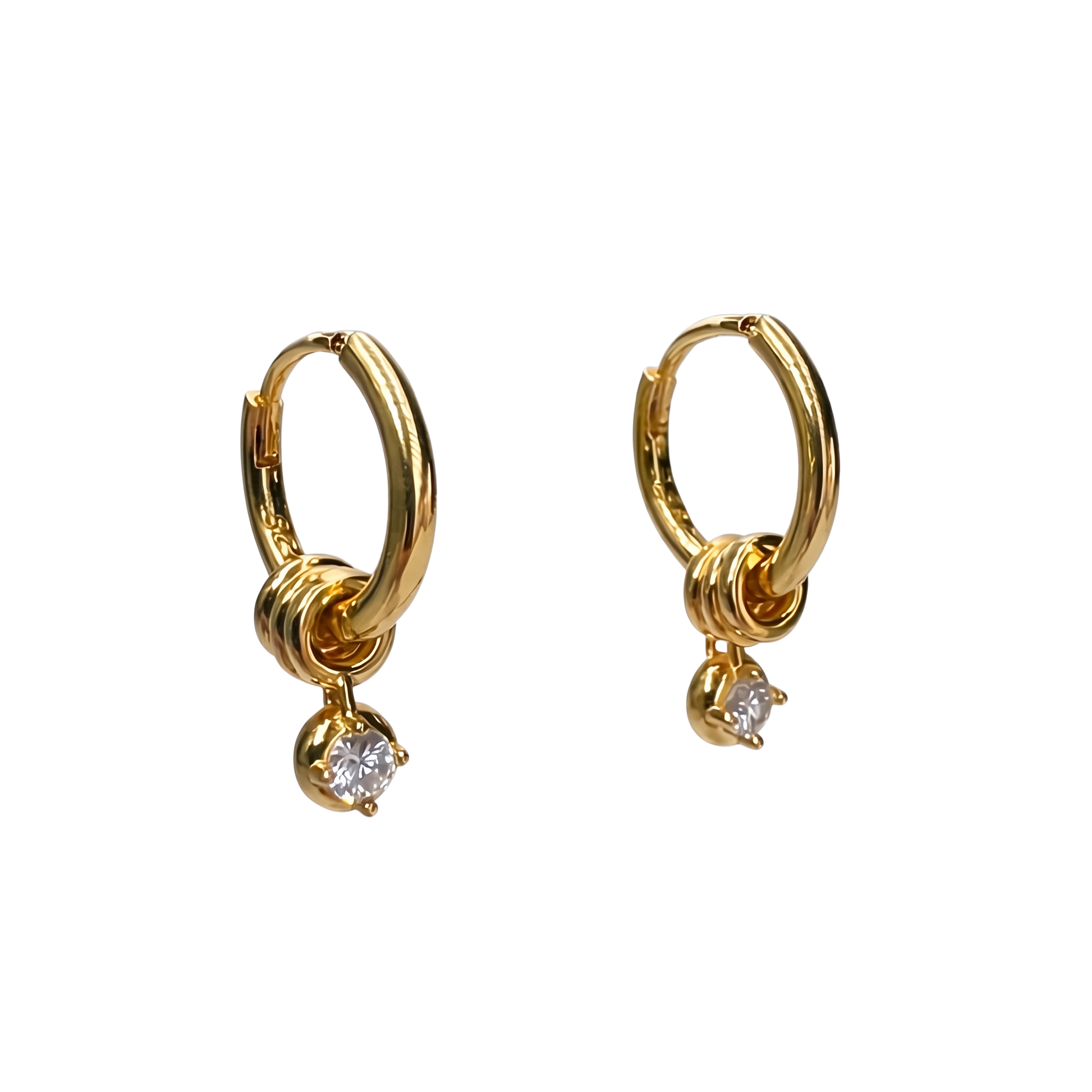 Front view of Barbara S925 sterling silver hoop earrings with 18K gold plated finish, featuring a knot detail and elegant zircon drop.