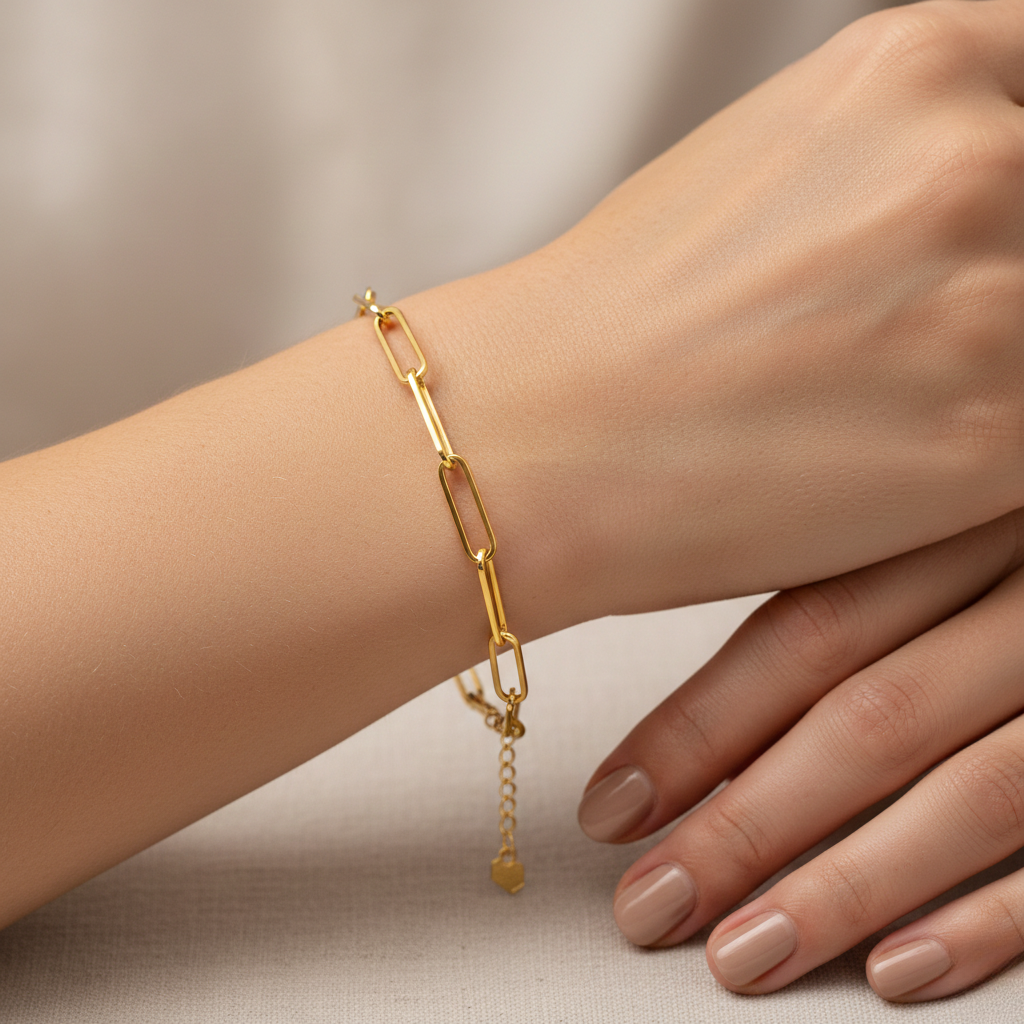 Hypoallergenic 18K gold plated sterling silver bracelet safe for sensitive skin and long-lasting shine.