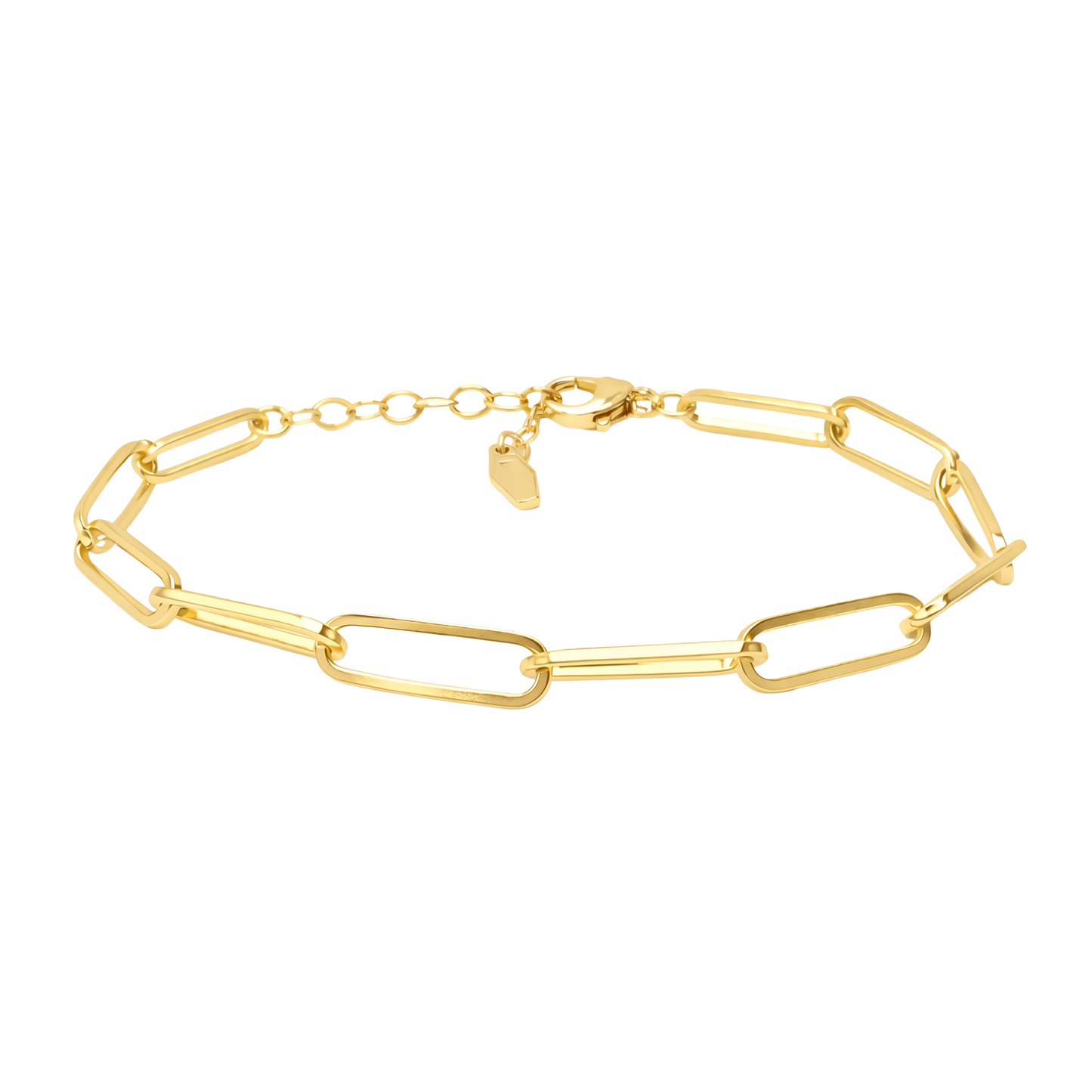 Front view of the Camilla S925 sterling silver paperclip link bracelet in 18K gold plated finish showcasing its sleek minimalist chain design.