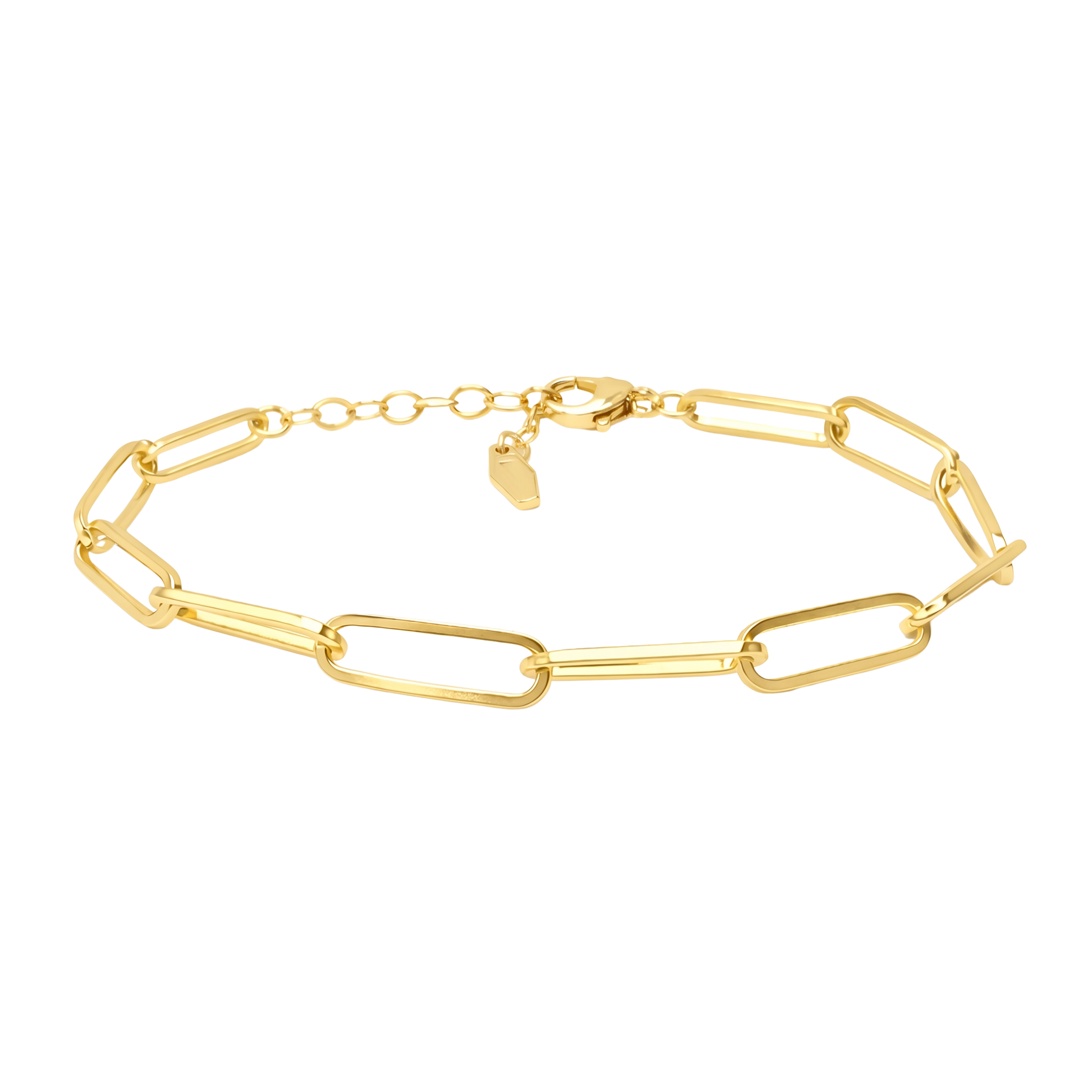 Front view of the Camilla S925 sterling silver paperclip link bracelet in 18K gold plated finish showcasing its sleek minimalist chain design.