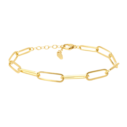 Front view of the Camilla S925 sterling silver paperclip link bracelet in 18K gold plated finish showcasing its sleek minimalist chain design.