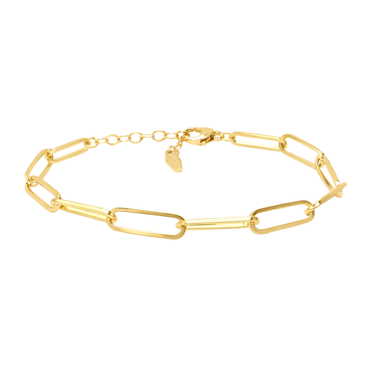 Front view of the Camilla S925 sterling silver paperclip link bracelet in 18K gold plated finish showcasing its sleek minimalist chain design.
