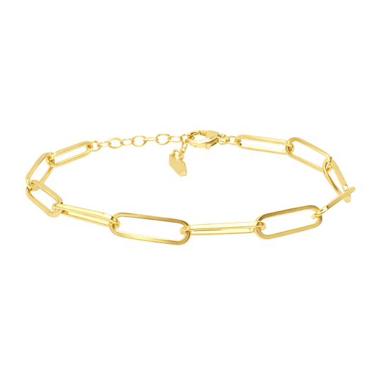 Front view of the Camilla S925 sterling silver paperclip link bracelet in 18K gold plated finish showcasing its sleek minimalist chain design.