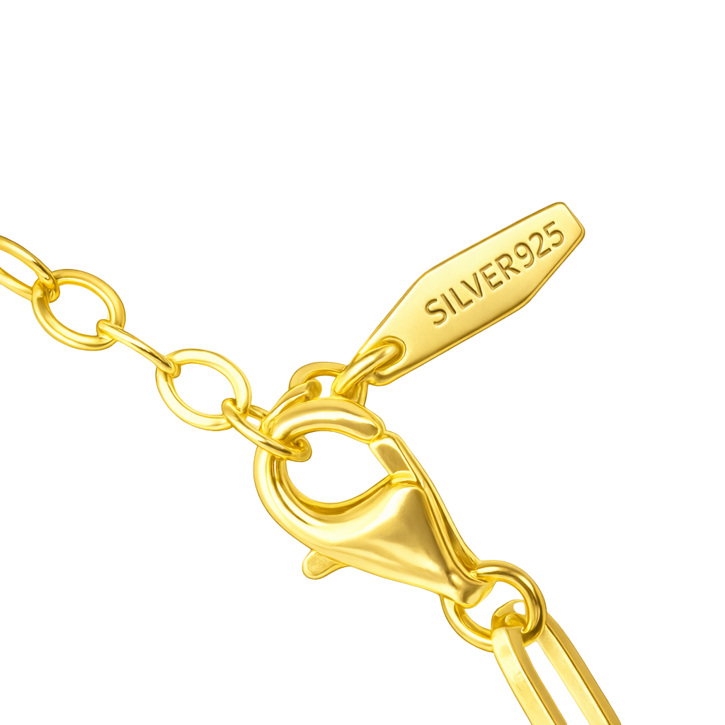 Close-up detail of the hypoallergenic sterling silver elongated links with tarnish-resistant 18K gold plating.
