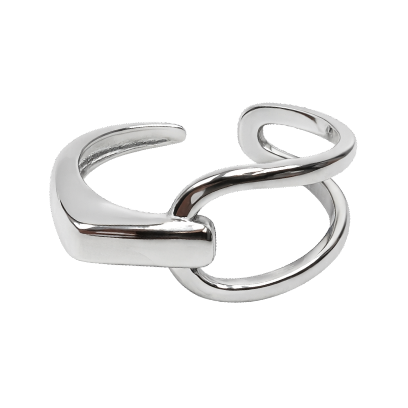 Side angle of Caroline dual wrap sterling silver adjustable ring highlighting its resizable open band design.