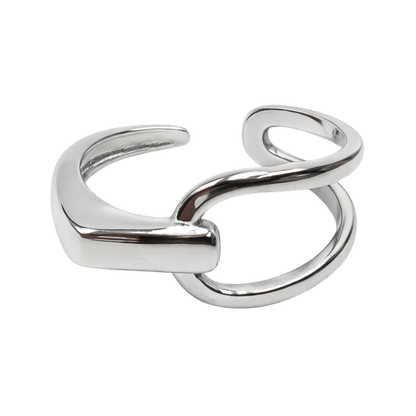 Side angle of Caroline dual wrap sterling silver adjustable ring highlighting its resizable open band design.