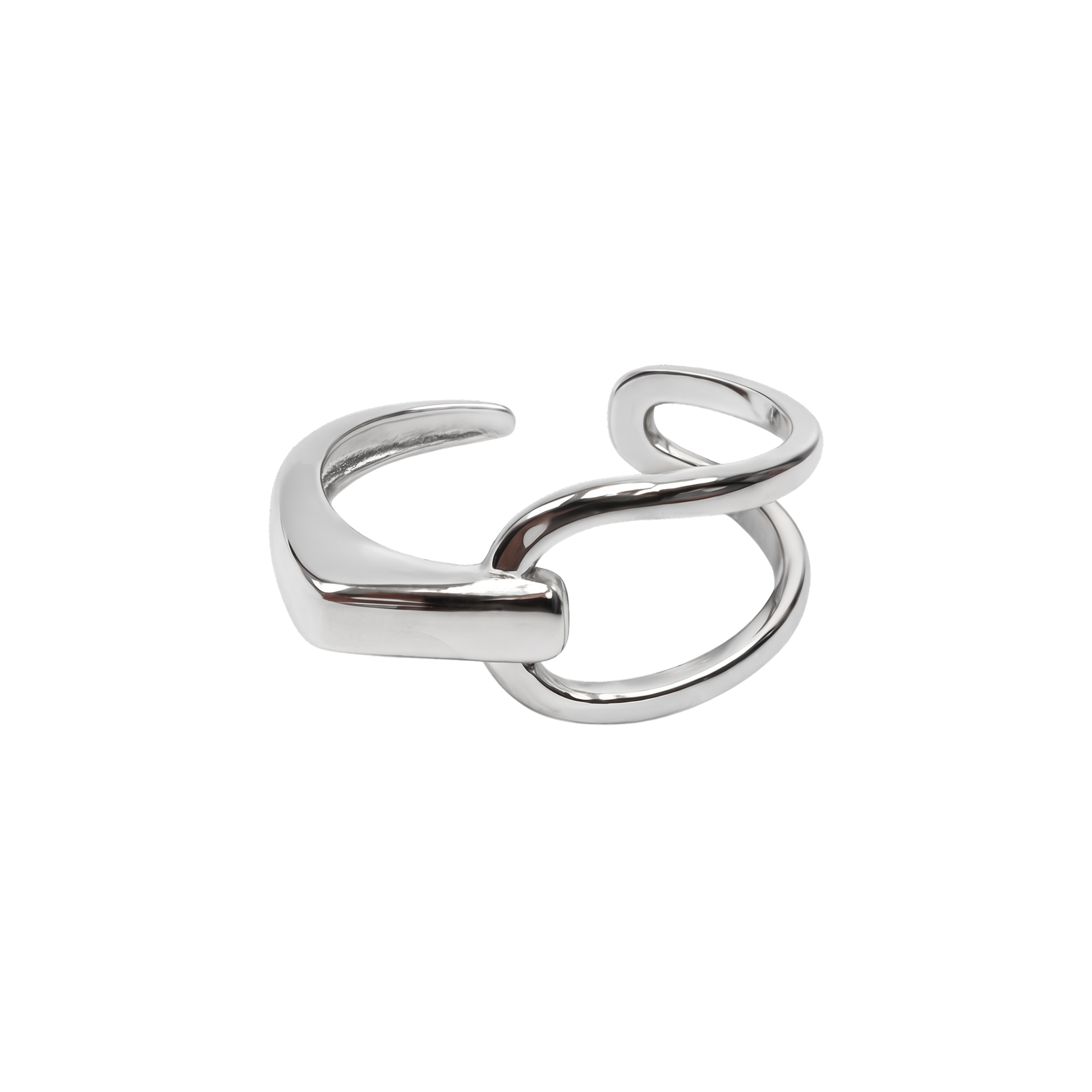 Side angle of Caroline dual wrap sterling silver adjustable ring highlighting its resizable open band design.