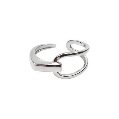 Side angle of Caroline dual wrap sterling silver adjustable ring highlighting its resizable open band design.