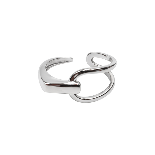 Side angle of Caroline dual wrap sterling silver adjustable ring highlighting its resizable open band design.