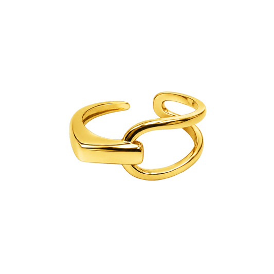 Front view of Caroline resizable wrap ring in rhodium plated S925 sterling silver showcasing its modern open design.