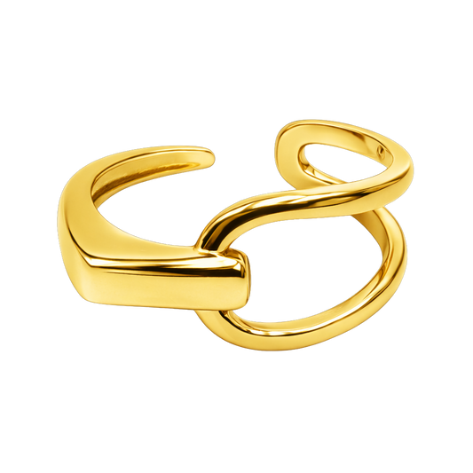 Front view of Caroline resizable wrap ring in rhodium plated S925 sterling silver showcasing its modern open design.