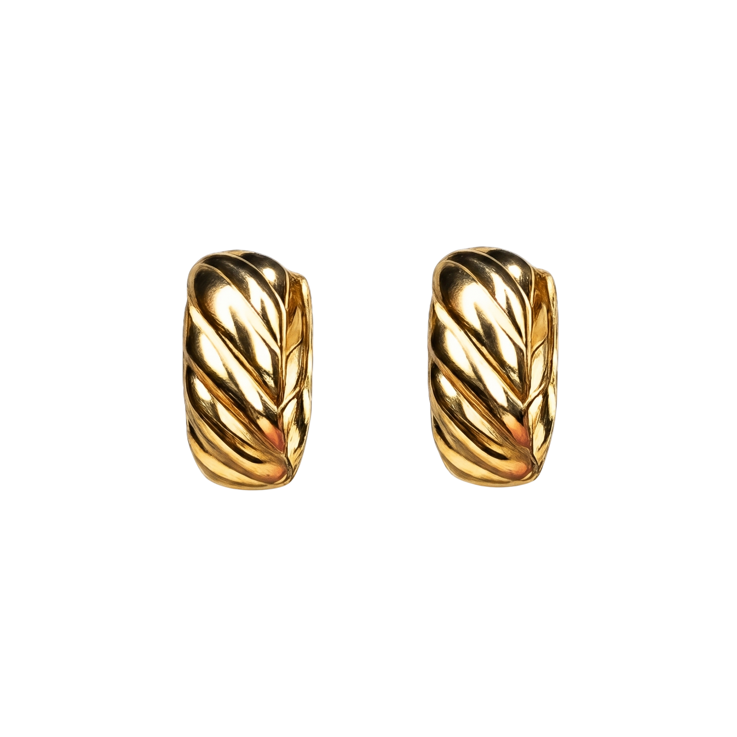 Front view of Charlotte S925 sterling silver hoop earrings with 18K gold plating and vintage leaf-textured design.