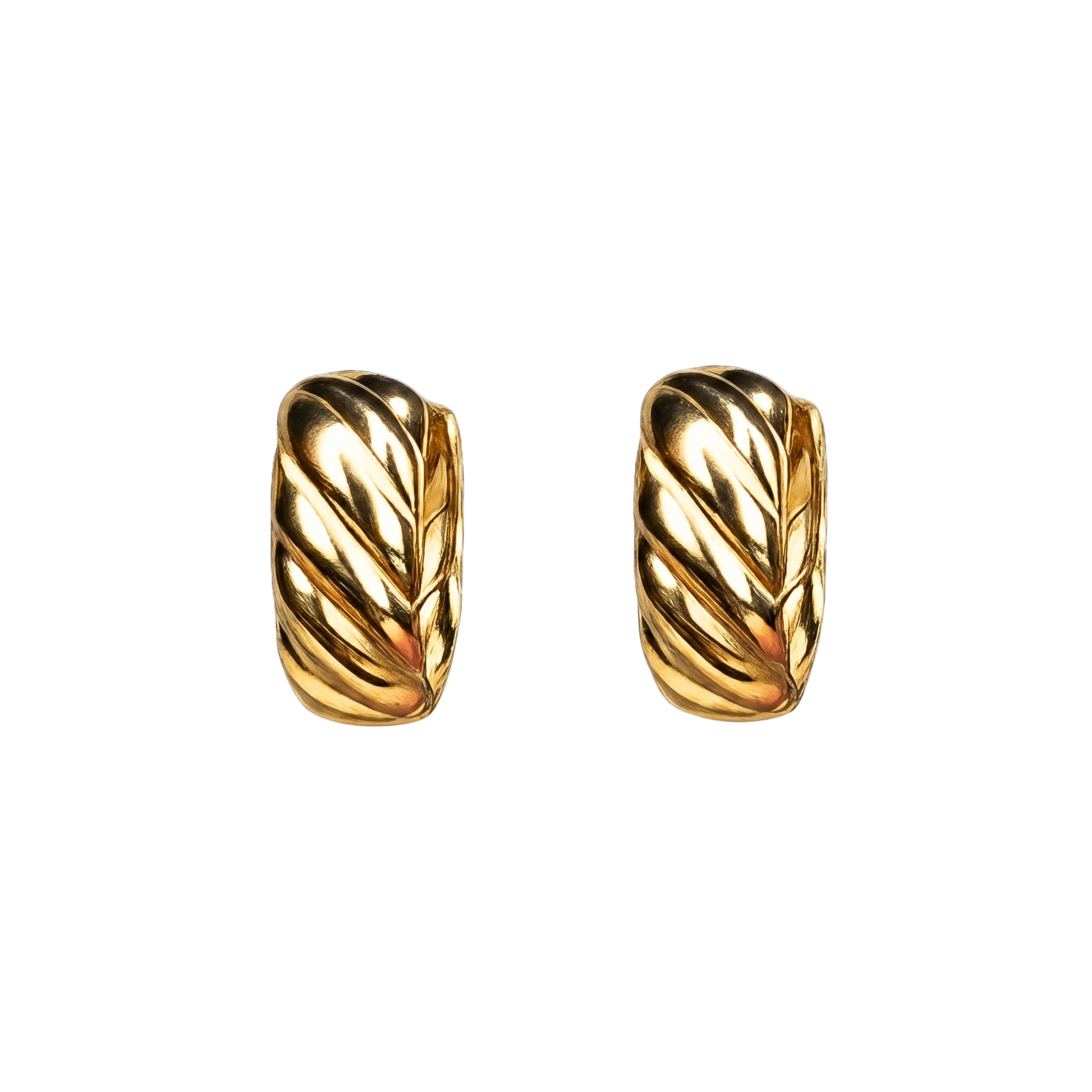 Front view of Charlotte S925 sterling silver hoop earrings with 18K gold plating and vintage leaf-textured design.