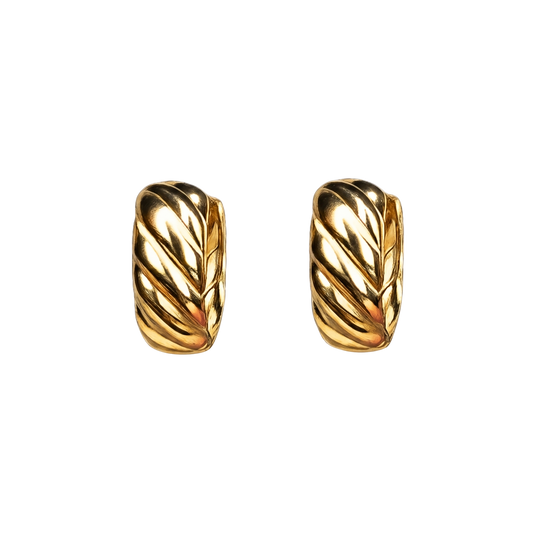 Front view of Charlotte S925 sterling silver hoop earrings with 18K gold plating and vintage leaf-textured design.