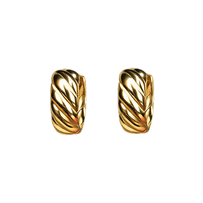 Front view of Charlotte S925 sterling silver hoop earrings with 18K gold plating and vintage leaf-textured design.