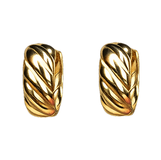 Front view of Charlotte S925 sterling silver hoop earrings with 18K gold plating and vintage leaf-textured design.