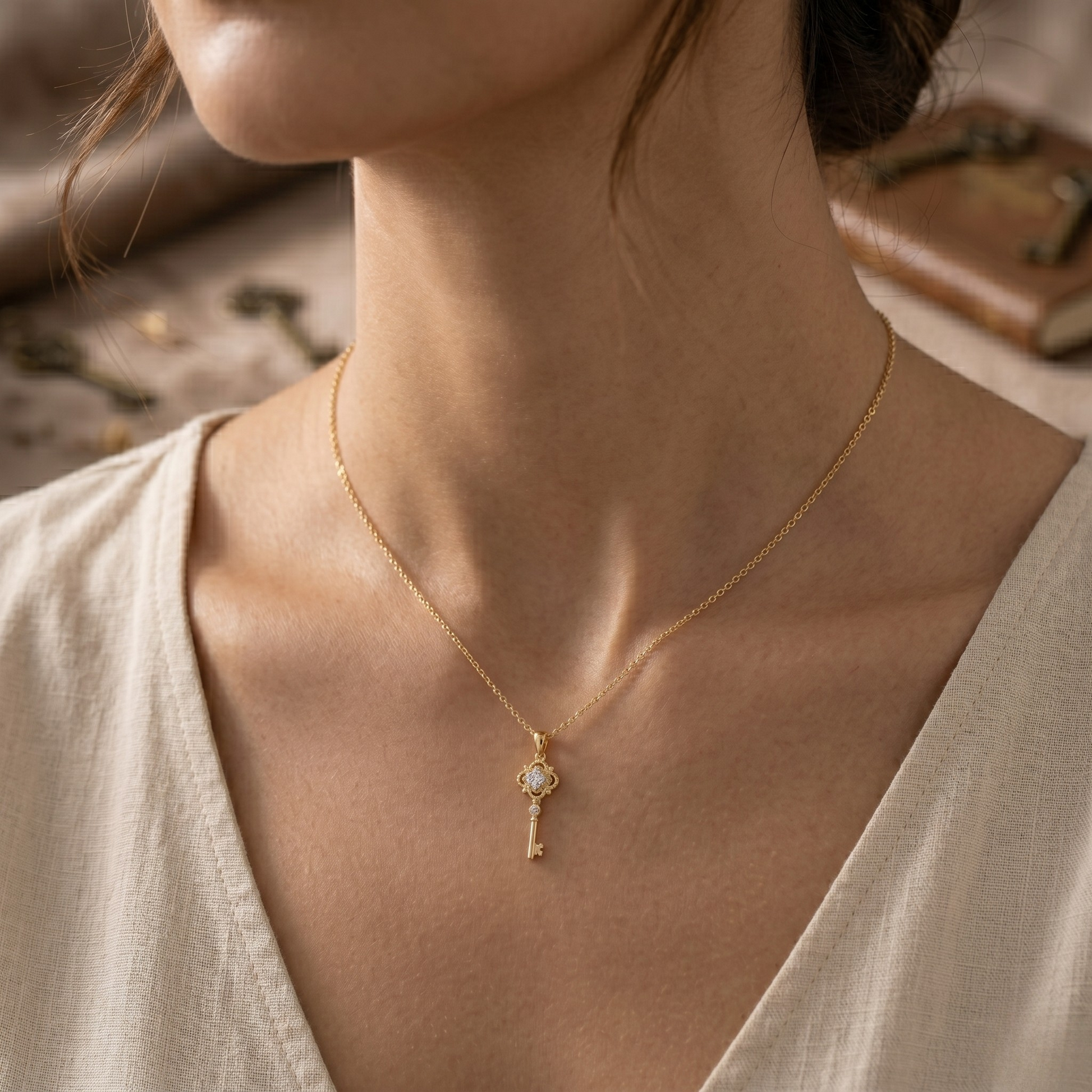 Elegant key and clover pendant crafted from sterling silver with 14k gold plating and sparkling zircon accents.