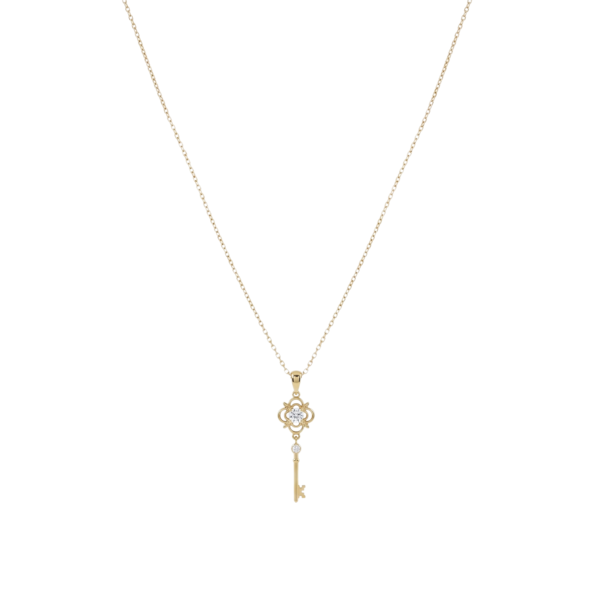 Front view of Clavis sterling silver necklace with 14k gold plating, featuring a zircon clover and key pendant jewelry design.