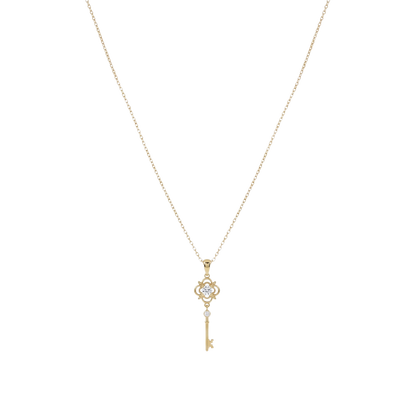 Front view of Clavis sterling silver necklace with 14k gold plating, featuring a zircon clover and key pendant jewelry design.