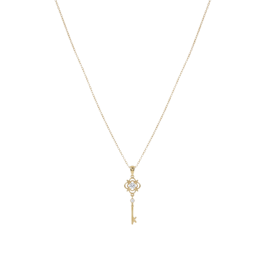 Front view of Clavis sterling silver necklace with 14k gold plating, featuring a zircon clover and key pendant jewelry design.