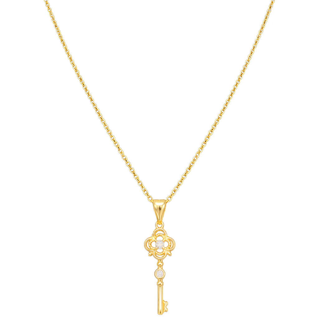 Front view of Clavis sterling silver necklace with 14k gold plating, featuring a zircon clover and key pendant jewelry design.