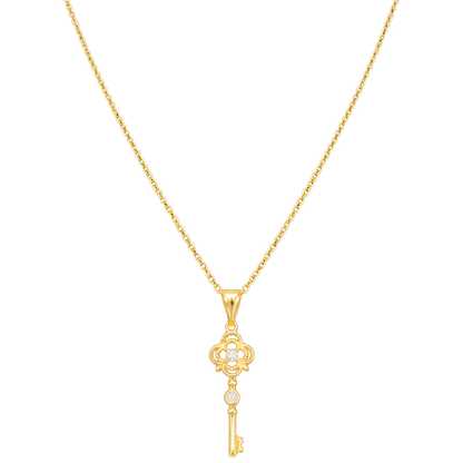 Front view of Clavis sterling silver necklace with 14k gold plating, featuring a zircon clover and key pendant jewelry design.