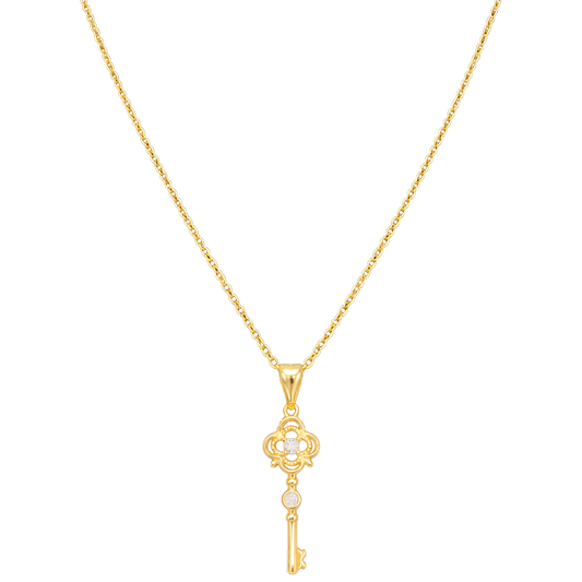 Front view of Clavis sterling silver necklace with 14k gold plating, featuring a zircon clover and key pendant jewelry design.